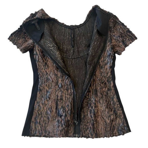 BcbgMaxAzria Tulum brown black faux fur short sleeve zipper back top size XS - Picture 5 of 9